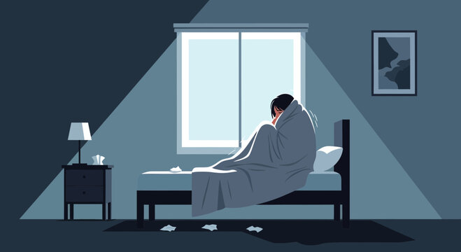 Loneliness And Sadness Expressed In Graphic Illustration At A Dark Room