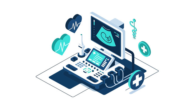 Isometric Illustration of an Ultrasound Scanner With Fetal Imagery and Medical Symbols