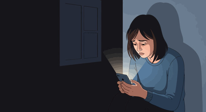 Lonely Woman Uses Phone in the Shadows of a Dark Room with Window Light