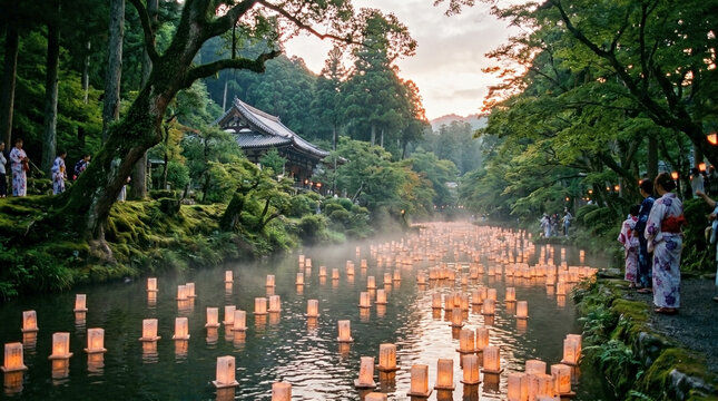 Paper lanterns floating downstream in gentle river, surrounded by lush greenery bathed in soft evening light. Many paper lanterns illuminate calm water.