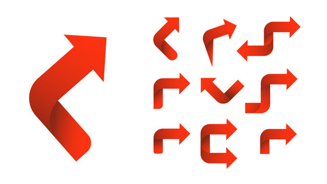 3D red arrow icons with glossy finish and circular design elements, perfect for directional graphics, UI navigation, and upward movement indicators on white backgrounds.
