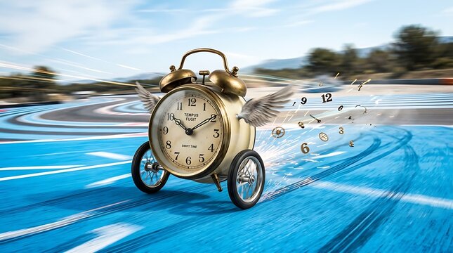Vintage brass alarm clock with feathered wings and small rubber wheels racing down a blue asphalt track while losing metallic numbers in a high speed motion blur concept of time