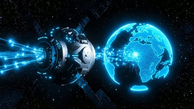 Futuristic satellite transmits data to digital earth in space or satellite emitting blue light beam to earth globe in cosmos