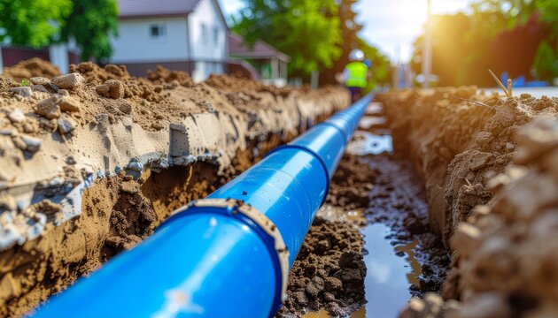 Blue water pipe installation in a residential construction trench