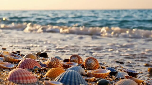 Seashells scattered on a sandy beach with ocean wave in background