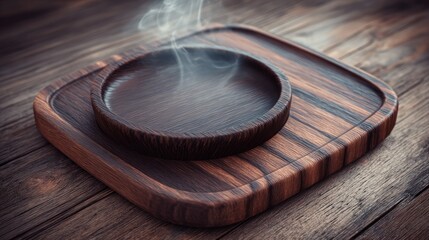 Obraz premium Dark wooden serving pieces rest upon a textured timber surface releasing wisps of steam