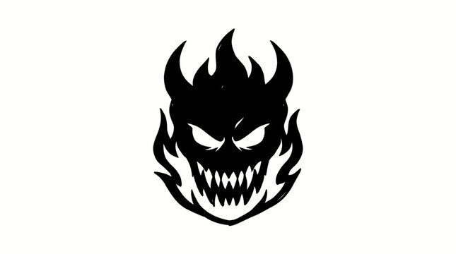 A black and white illustration of a demonic face with flames.