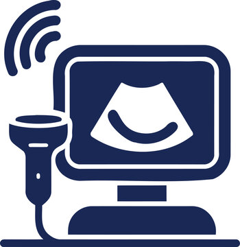 Digital ultrasound machine with sonogram display and wireless signal icons isolated on transparent background