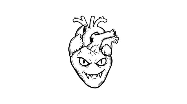 A cartoon anatomical heart with a menacing face.