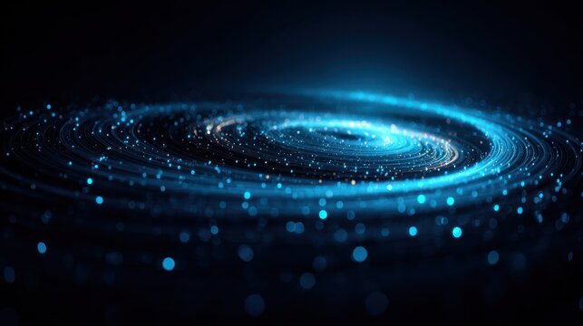 Glowing blue particles swirl across a dark surface forming a spiraling vortex pattern.