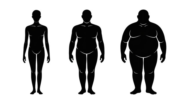 Black silhouettes of three male human bodies showing different weight types from thin to overweight standing in a row