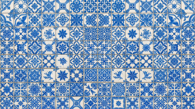 Background texture of classic blue and white azulejo tiles for mediterranean architectural wallpaper and professional interior backdrop design with traditional mosaic pattern 4k
