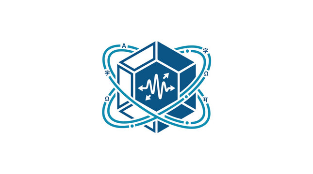 A blue and white logo with a cube and waveform.