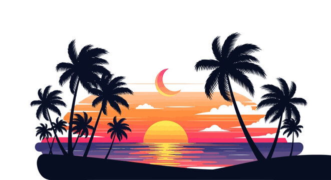 Tropical beach sunset with palm tree silhouettes and a crescent moon over the ocean.