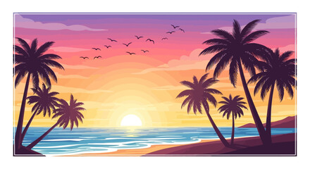Fototapeta premium Vibrant Tropical Beach Sunset with Palm Trees and Flying Birds