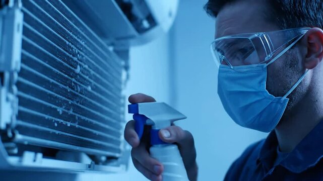 Man spraying cleaning solution on air conditioner wearing mask and safety glasses or Air conditioning technician cleaning and maintaining ac unit indoors with spray