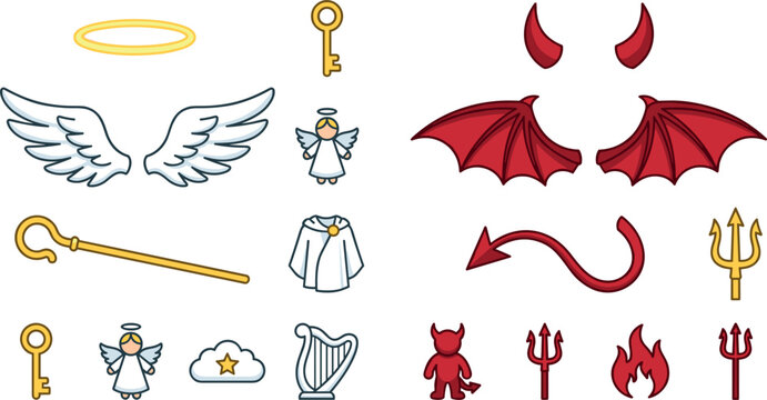 Angel and Devil Vector Icon Set Featuring Wings Halo Horns Tail Pitchfork Harp and Cute Characters for Good vs Evil Concepts