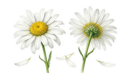Fototapeta premium Close-up white daisies with yellow centers isolated on bright white background