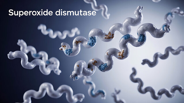 Superoxide dismutase enzyme molecular structure with blue and gold particles  biological molecule model