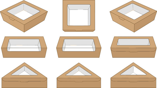 Brown Kraft Paper Food Packaging Box Vector Mockup Set Featuring Square Rectangular and Triangle Sandwich Containers with Clear Windows