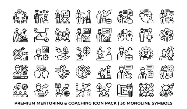 Mentoring and Leadership Thin Outline Icon Pack with Coaching Guidance and Knowledge Sharing Symbols