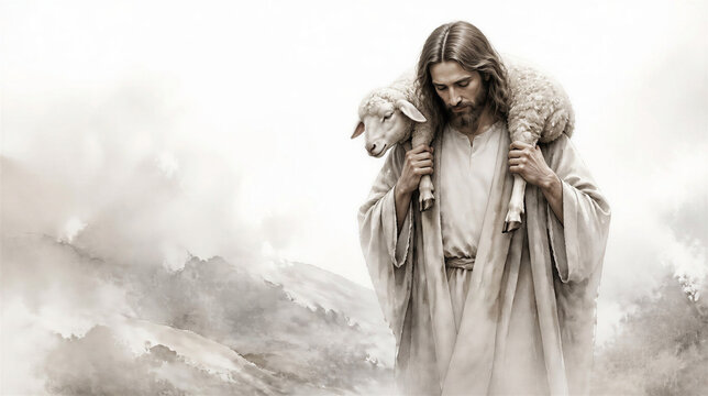 Jesus carrying a sheep. Biblical concept religious theme. Artistic minimalist art with copy space.
