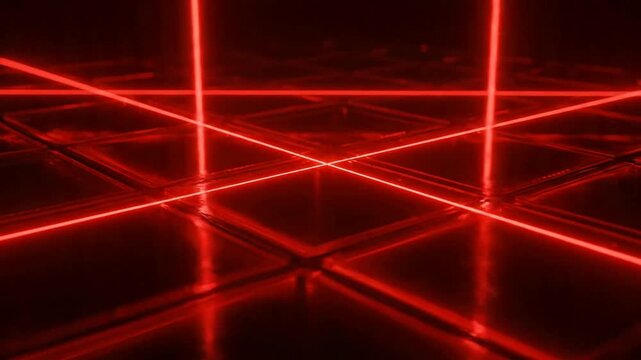 Red laser beams scan the dark tiled surface or Futuristic red lasers crisscross a grid pattern in the darkness