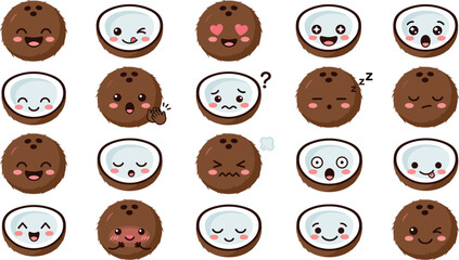 Obraz premium Cute Coconut Cartoon Character Vector Set Featuring Various Happy Expressions Sleeping Crying and Blushing for Tropical Summer Food Branding