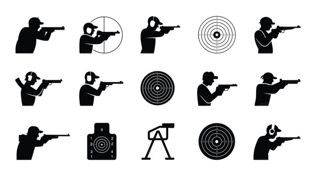 Set of 15 Black Silhouette Shooting Range Icons Vector