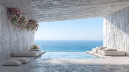 Obraz premium Minimalist concrete structure offers luxurious relaxation overlooking vast blue ocean waters