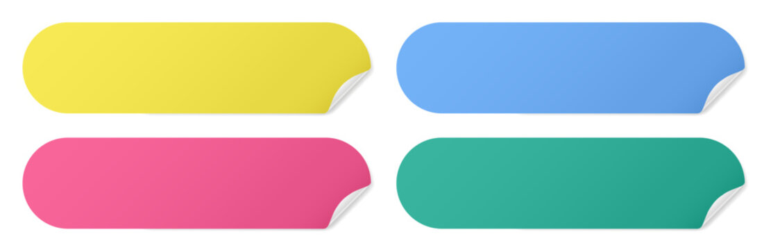 Set of long rounded paper stickers with silver foil back. Stick in notes. Yellow, blue, pink and teal green colors. Multicolor notes. Sheets of paper. Tag, sticky note