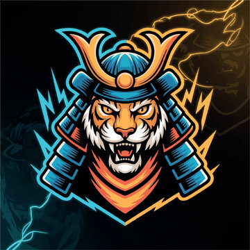 Angry samurai tiger warrior with glowing eyes and colorful armor Vector, illustration