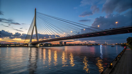 Obraz premium Large cablestayed bridge over water at dusk with city lights