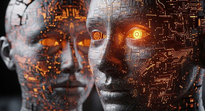 Two metallic humanoid busts with glowing orange eyes and circuit patterns