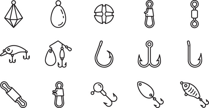 Fishing tackle and equipment outline icon set with hooks, lures, and weights