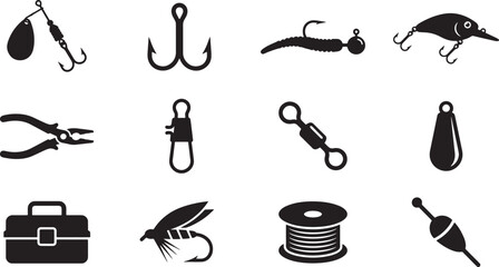 Fishing tackle and equipment silhouette icon set with lures, hooks, and gear © Open Expression