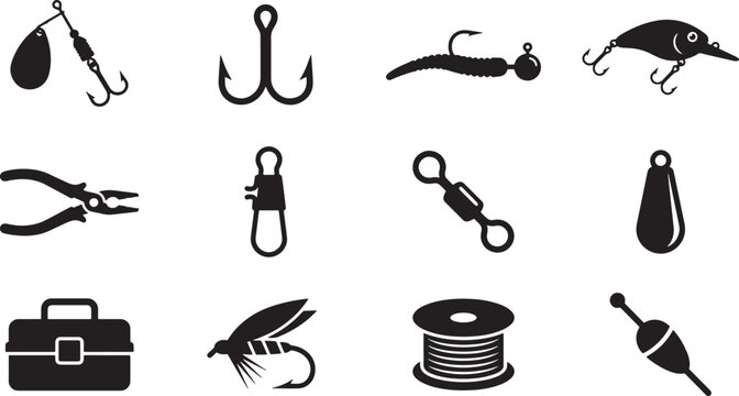 Fishing tackle and equipment silhouette icon set with lures, hooks, and gear