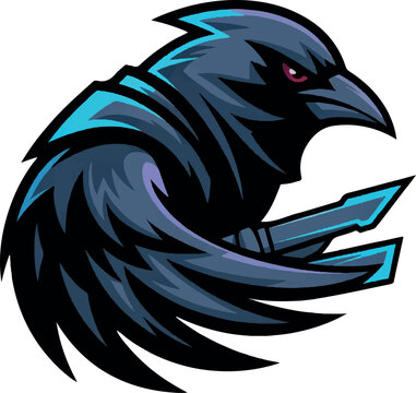 Stylized eagle head with colorful geometric feathers and glowing red eye Vector, illustration