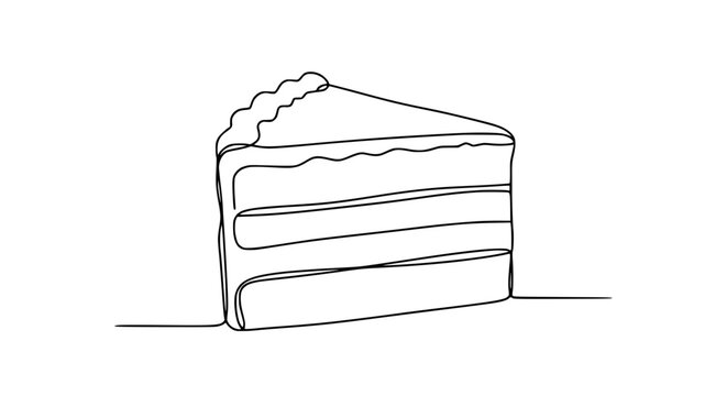 Continuous line drawing of a slice of cake with frosting on white background