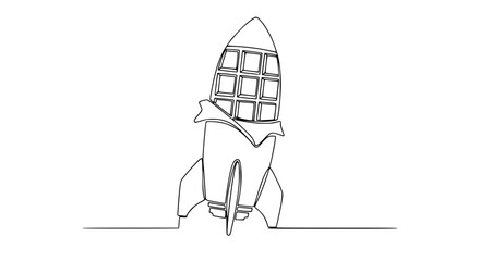 Minimalist single line drawing of a rocket ship taking off on a white background. © Padel