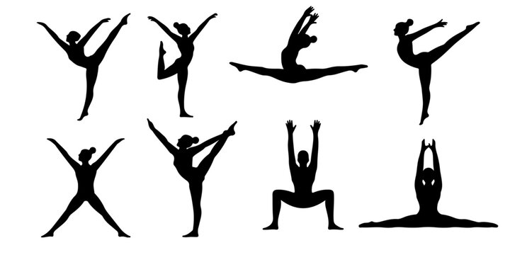 
Black ballerina silhouette collection featuring elegant dance poses, flexibility and motion isolated on background for theater, studio branding and artistic designs
