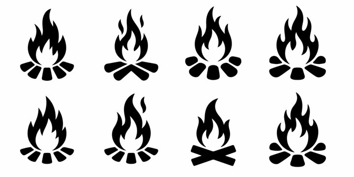 Set of campfire and bonfire silhouettes with burning flame symbols isolated for camping themes, wilderness projects, outdoor branding and decorative illustrations
