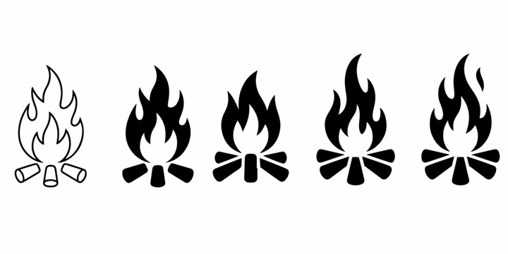 Set of campfire and bonfire silhouettes with burning flame symbols isolated for camping themes, wilderness projects, outdoor branding and decorative illustrations
