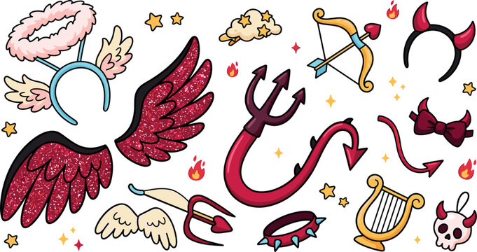Glitter Angel and Devil Vector Icon Set Featuring Red Wings Halo Horns Tail Pitchfork Cupid Bow and Harp for Halloween Costume Designs