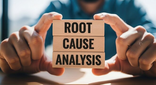 Root cause analysis concept with wooden blocks held in hands