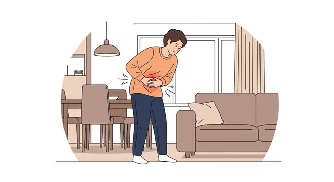 Man Experiencing Abdominal Pain And Discomfort, Standing In His Living Room, Illustration