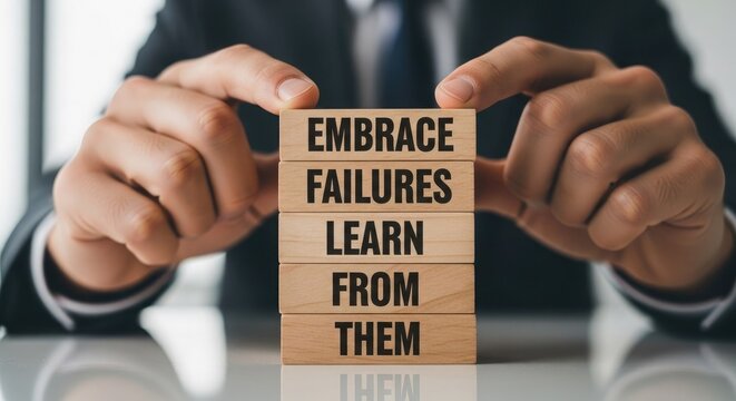 Businessman holding wooden blocks with motivational text