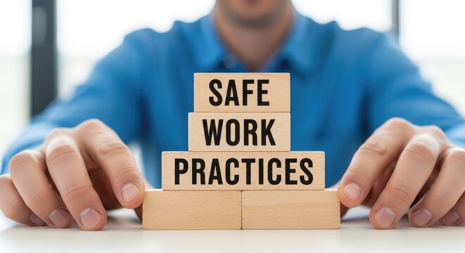 Safe work practices concept with wooden blocks and hands
