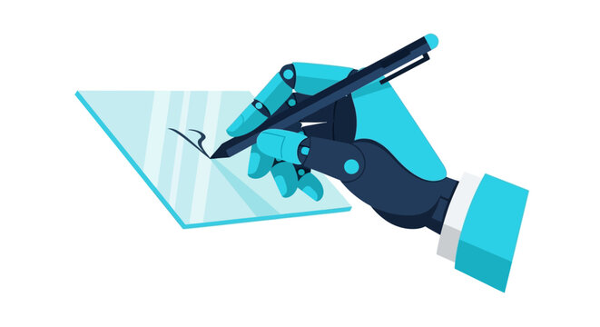 Robotic Hand Holding a Pen Writing on Digital Tablet, AI Content Creation and Automation Concept Illustration