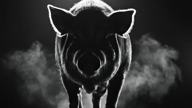 Dramatic black and white close-up shot of a pig walking towards the viewer on a dark background